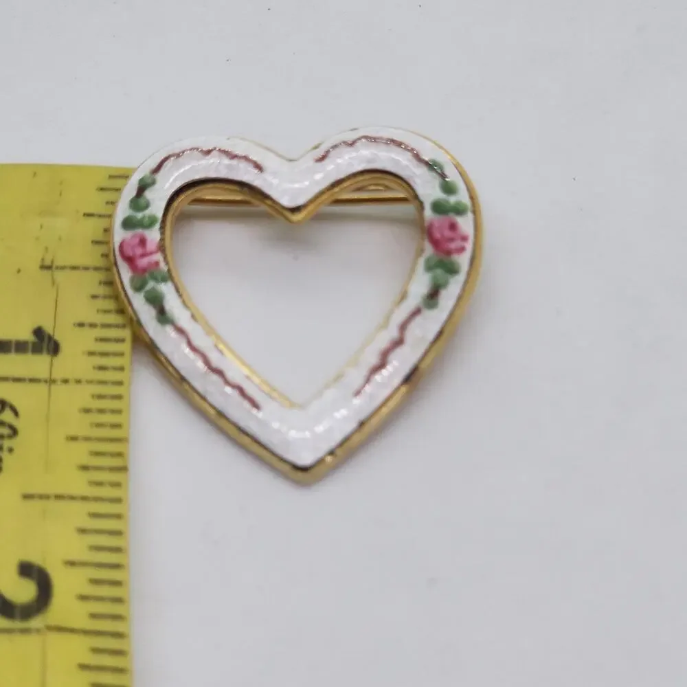 Vintage Heart Floral Enamel Brooch White Pink Rose Gold Tone Guilloche Style Pin